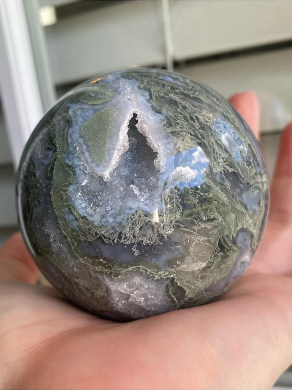 💚💙 Moss Agate Sphere with Blue Chalcedony & Druzy Pockets 💙💚